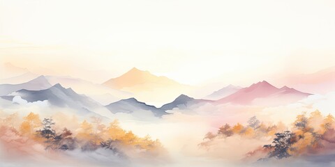 Obraz premium Soft pastel color watercolor abstract brush painting art of beautiful mountains, mountain peak minimalism landscape with golden lines, panorama banner illustration, white background