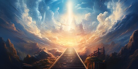 Stairway leading up to heaven toward the cross. Christian illustration.
