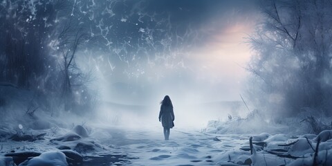 Young woman standing in misty nature gazing into the distance lost in thought Back view Fresh footprints in deep snow Chilly winter day - obrazy, fototapety, plakaty
