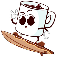 vector mascot character of a cute mug surfing with a surfboard