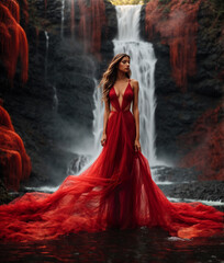 Female model standing in the forest in front of the waterfall with a red dress