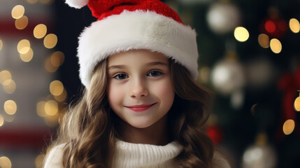 Fototapeta na wymiar cute little girl in Santa Claus hat against the background of Christmas tree, winter holiday.