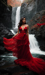 Female model standing in the forest in front of the waterfall with a red dress