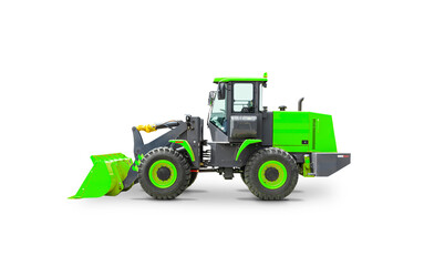 Wheel Loader Isolated on White Background. New Green Front Loader with Shovel. Manufacturing...