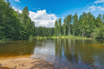 Summer river landscape with beautiful birches on the shore. Chusovaya River, Ural, Russia - 659842232