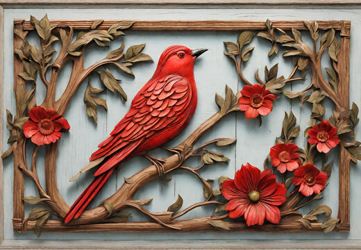 Vintage Hand-Painted Bird Design, 
Wooden Wall Relief Art, 
Artistic Wooden Floral Pattern