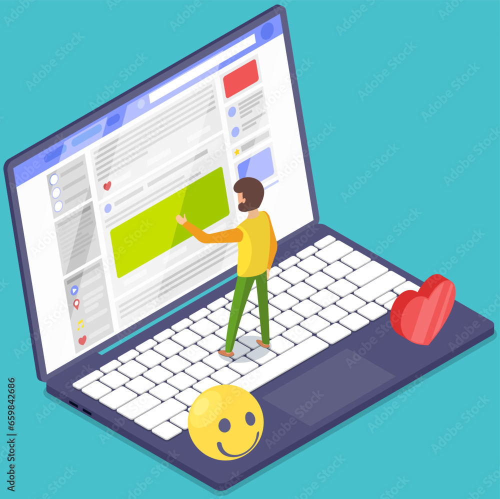 Poster social network web site surfing concept. man browsing networks, chatting. designer, developer using 