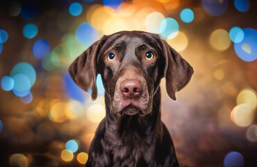 German Shorthaired Pointer Dog. Portrait in studio, Canine Looking at Camera Bokeh Background