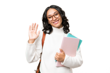 Young Argentinian student woman over isolated background saluting with hand with happy expression