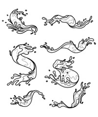 Water and juice splash liquide. Black doodle line. A water splash, fleeting spectacle of natures energy Fresh juice splashed, tangy explosion of color and taste A wave shape, timeless symbol of seas