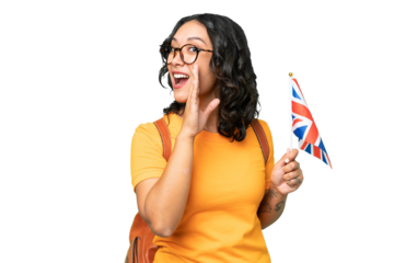 Young Argentinian woman holding an United Kingdom flag over isolated background whispering something