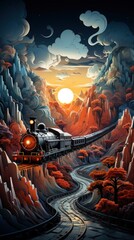 Obraz premium Multidimensional art with red steam train, wallpaper for mobile pictures, Background HD, wallpaper for mobile pictures, Background HD