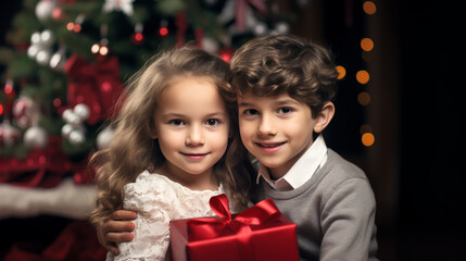 Obraz na płótnie Canvas Happy Children sitting near the Christmas tree with presents at home, family celebration