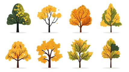 autumn trees, set of vector illustrations of cute trees and shrubs: Different trees in autumn colors, different shapes of trees in autumn colors. Design elements. Isolated on white background.