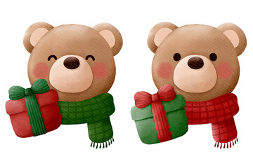 Teddy bear in a scarf with the gift box drawing with watercolor. Merry Christmas greeting card design.
