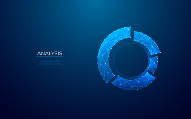  Abstract pie chart top view on technology blue background in futuristic low poly wireframe hologram style. Business analysis concept. Polygonal digital circle diagram or graph chart with 3D effect. - obrazy, fototapety, plakaty