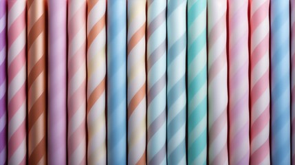 Candy Cane Lane christmas background. Pastel-colored candy canes aligned perfectly on a pastel surface