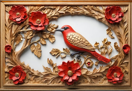 Floral Wood Carving with Bird, 
Painted Wooden Plank Art, 
Vintage Wood Carved Decor, 
Rustic Bird and Flower Design, 
Handcrafted Wooden Wall Art