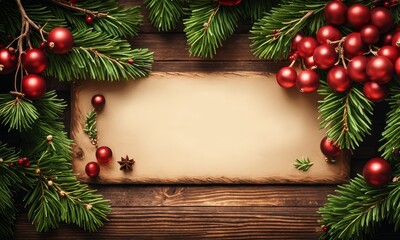 Merry Christmas Text with Christmas Evergreen Branches and Berries in Corner Over Rustic Wooden Background, Generative AI