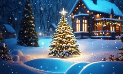 Fototapeta na wymiar Christmas tree outdoor with snow, lights bokeh around, and snow falling, Christmas atmosphere, Generative AI