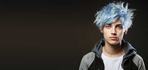 Portrait of a young man with blue hair, millennial teenager, alternative lifestyle, studio background - obrazy, fototapety, plakaty