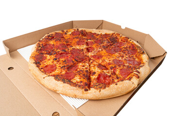 Pepperoni Pizza with Pickled Hot Jalapeno Peppers in Cardboard Delivery Box, Salami Pizza