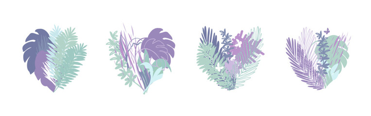 Set of vector tropical leaves silhouettes in pastel colors. Сollage of palm and monstera leaves in the shape of hearts