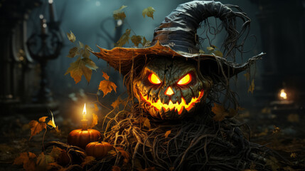 Halloween night scene background with Halloween pumpkin on fire in a cemetery at night, AI generation