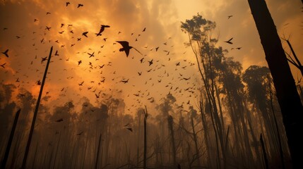 Animals Running Escaping To Save Their Lives from the burning forest. climate change, droughts and forest fires concept - obrazy, fototapety, plakaty