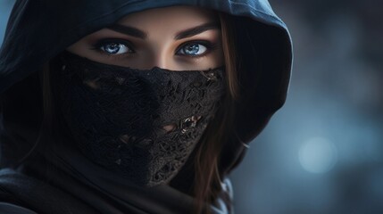 beautiful female ninja portrait with space for text on the side, background image, AI generated
