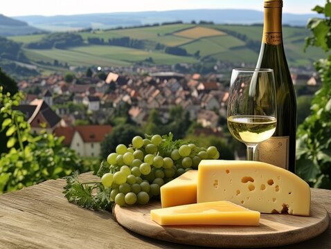 Cheese board with different varieties and white wine against the backdrop of village. AI