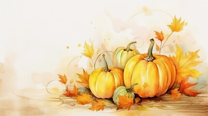 Naklejka na ściany i meble pumpkins in autumn atmosphere watercolor style with space for text, background image, AI generated