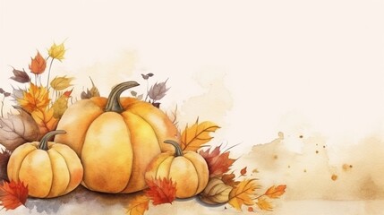 Naklejka na ściany i meble pumpkins in autumn atmosphere watercolor style with space for text, background image, AI generated