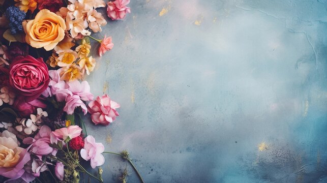 space for text on textured background surrounded by colorful flowers, background image, AI generated