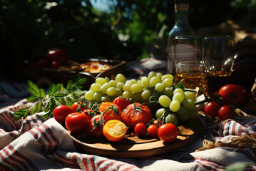Outdoor summer picnic. Grapes and tomatoes on a wooden board on a blanket