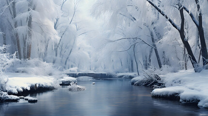 Winter river in snow forest landscape. Frozen river water in winter