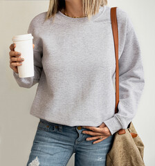 Blank gray sweatshirt mock up isolated. Female wear plain hoodie mockup. Empty hoody design...