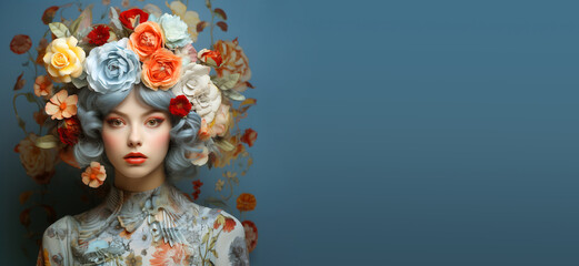 Fototapeta premium Human mind with flowers wreath, positive thinking woman, creative brain, self esteem and mental health concept