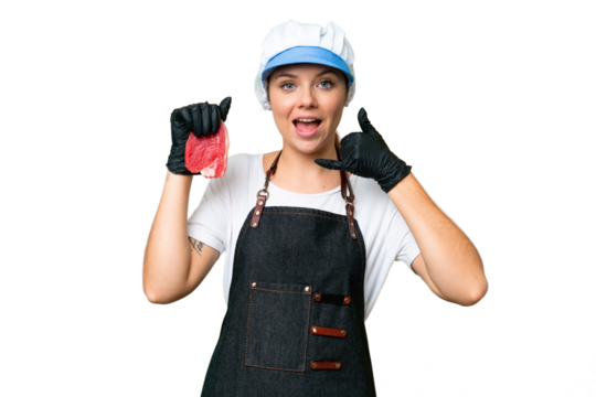Butcher woman wearing an apron and serving fresh cut meat over isolated chroma key background making phone gesture. Call me back sign