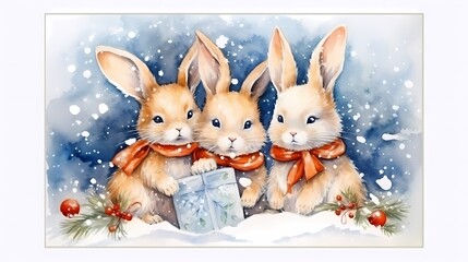 Watercolor illustration of three bunnies with gift box in snow
