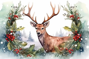 Christmas greeting card with deer and wreath