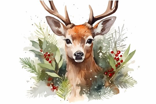 Watercolor illustration of a deer with antlers and Christmas wreath