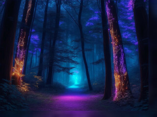 Neon Nightscapes: Mystical Forest Wonders