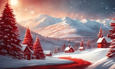 Red Christmas Background with Snowy Hills, Generative AI