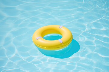 Summer Fun in Blue Waters: Yellow Swimming Pool Ring Float, Concept of Summertime Pool Party.