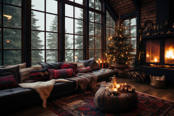 Cozy rustic living room with big floor to ceiling windows and a fireplace, decorated for Christmas. - obrazy, fototapety, plakaty
