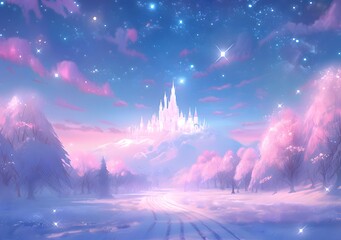 Fantasy winter landscape with old castle at night