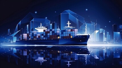 Obraz premium Low polygon banner template with copysapce area for commercial port. Digital cargo ship, container, crane and warehouse in dark blue. Container ships, transport, logistics, business, worldwide deliver