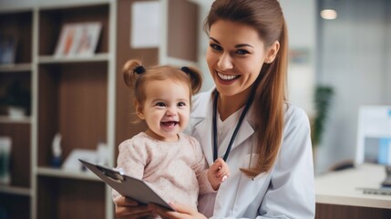 Mom and her infant daughter at the doctor's appointment. Pediatrician Medical check up. The doctor fills out the health questionnaire close up. Healthy lifestyle concept. - obrazy, fototapety, plakaty