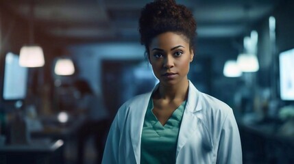 Fototapeta premium Smiling portrait of ethnic female nurse, doctor or medical student wearing uniformed scrubs using digital tablet technology in hospital